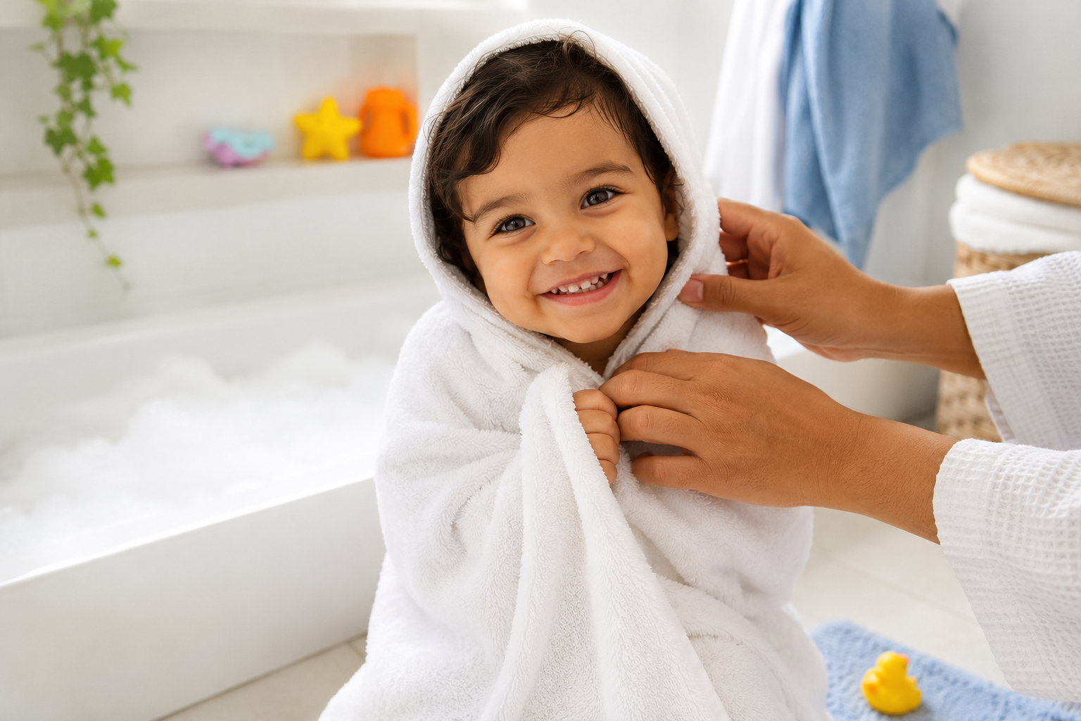 Criança sorrindo enrolada em uma toalha após o banho