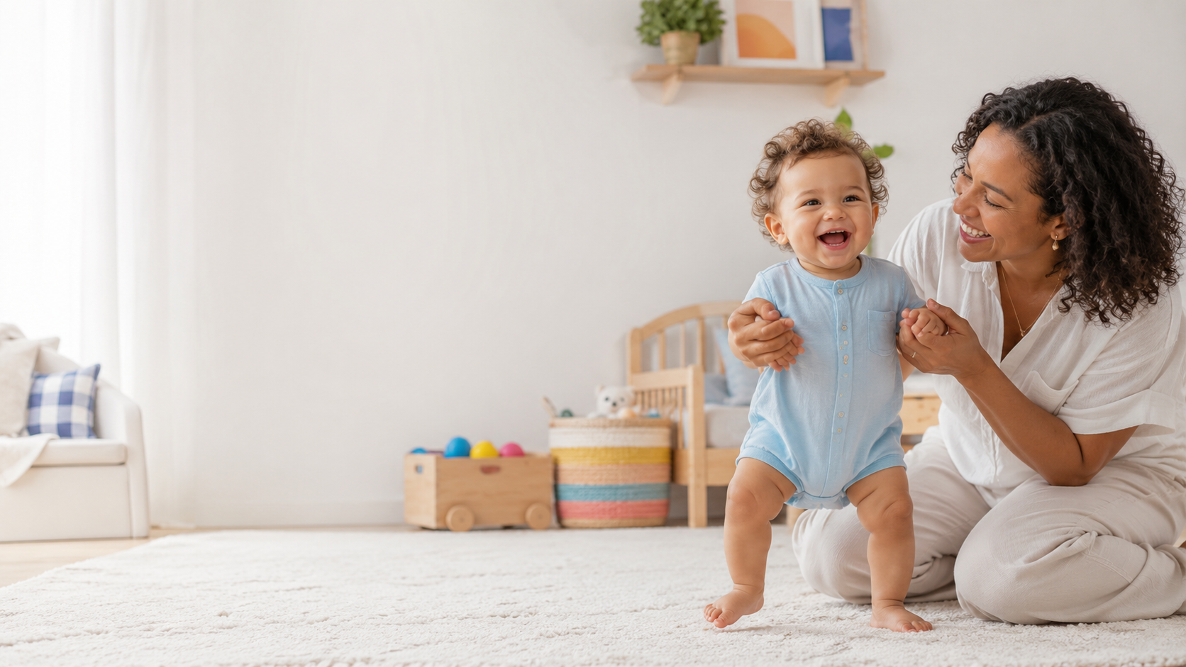 Mãe brincando com seu bebê em um quarto infantil